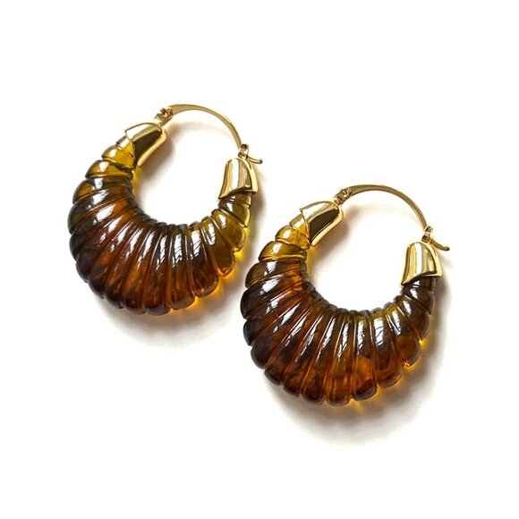 NEW Gabi Sculptural Frosted Tortoise Brown 18K Gold Hoop Earrings Hoops - Picture 3 of 3